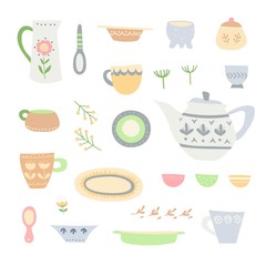 Handmade ceramic pottery set: plates, bowls, mugs, a teapot and jug.