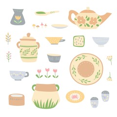 Pottery set with  hand-made floral ornament.