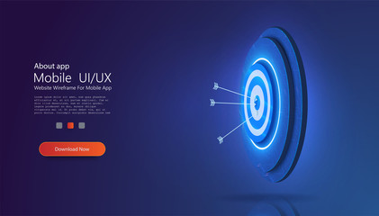 Goal achieve concept. Business target isometric concept vector illustration. Board with arrow flying to center. Symbolic goals achievement, success.  Blue webpage background. Vector illustration