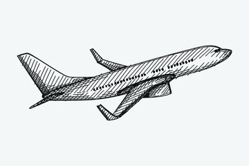 Hand-drawn sketch of plane. Airplane flying up. Aircraft taking off