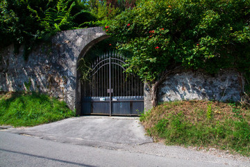 Openwork metal gate with a stone wall and plants