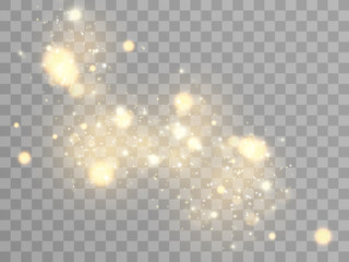 White sparks and golden stars glitter special light effect. Vector sparkles on transparent background. Christmas abstract pattern. Sparkling magic dust particles