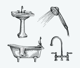 Hand-drawn sketch of Bathroom appliances on a white background. Bathroom equipment. Bathroom faucet, Pedestal Basins, shower head, old-fashioned bathtub