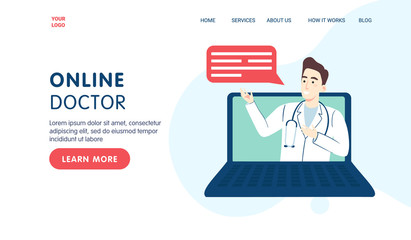 Doctor online consultation concept. Internet computer health service. Doctor giving advice on laptop screen. Vector cartoon illustration for banner and website.