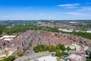 Aerial photo of the town centre of Armley in Leeds West Yorkshire on a bright sunny summers day...