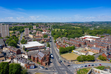 Aerial photo of the town centre of Armley in Leeds West Yorkshire on a bright sunny summers day...