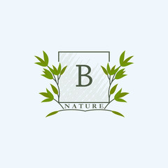 Green eco letters B logo with leaves in square shape. Initials with botanical elements with floral letter design for business identity style