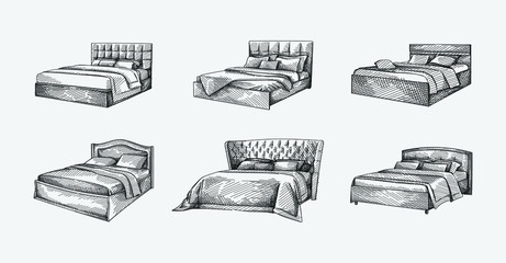 Hand-drawn sketch of double bed with simple headboard. Bed with coverlid and pillows. Bedroom furniture. Cozy and decorative bedding style.  - 353461651