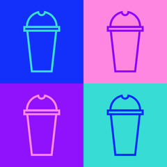 Pop art line Milkshake icon isolated on color background. Plastic cup with lid and straw. Vector Illustration.