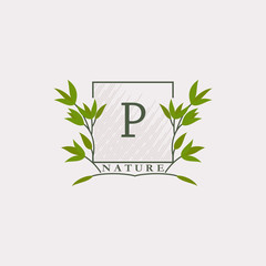 Green eco letters P logo with leaves in square shape. Initials with botanical elements with floral letter design for business identity style