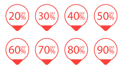 Set of tag sale label. Grunge stamps, badges and banners. Special offer, hot sale, Best price. 20, 30, 40, 50, 60, 70, 80, 90 percent. Vector illustration.