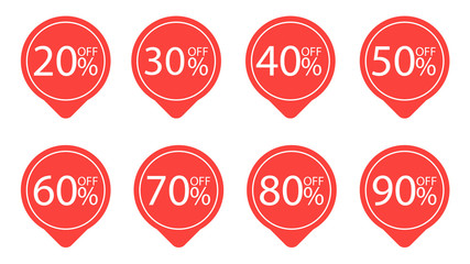 Set of tag sale label. Grunge stamps, badges and banners. Special offer, hot sale, Best price. 20, 30, 40, 50, 60, 70, 80, 90 percent. Vector illustration.