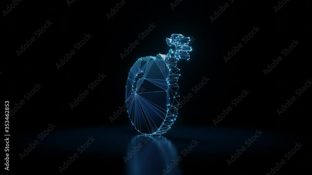 Poster 3d rendering seamless loop 4k rotation wireframe neon glowing symbol of bomb with spark with shining