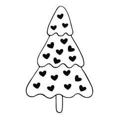 Isolated hand drawn vector illustration of Christmas tree with hearts in doole style. for greeting cards and invitations of the Merry Christmas, Happy New Year. Christmas decorations. 