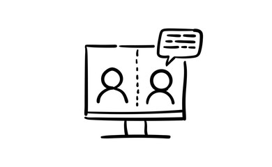 Video conference doodle icon. People on computer screen. Home office digital communication. Internet teaching media. Hand drawn illustration.