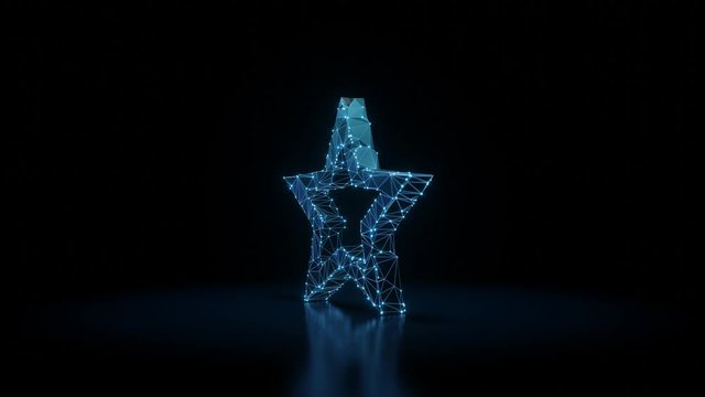 3d rendering seamless loop 4k rotation wireframe neon glowing symbol of bookmark star button with shining dots on black background with blured reflection on floor
