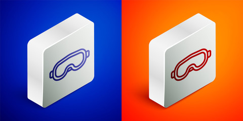 Isometric line Ski goggles icon isolated on blue and orange background. Extreme sport. Sport equipment. Silver square button. Vector Illustration.