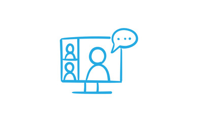 Video conference doodle icon. People on computer screen. Home office digital communication. Internet teaching media. Hand drawn illustration.