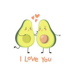 Cute Avocado couple character kissing. Greeting card with sweet avocados and hearts. Vector illustration isolated on white background.