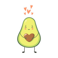 Cute Avocado character with heart. Greeting card with sweet avocado. Vector illustration isolated on white background.