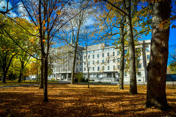 Facade of the Seminary of Saint-Hyacinthe through colorful trees in autumn