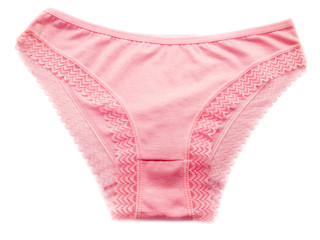 Female sexual panties isolated on a white background. Pink underpants with lace.