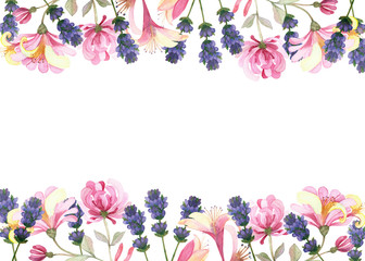 Watercolor hand painted nature floral banner frame with pink honeysuckle and purple lavender flowers bouquet on the white background for invite and greeting card with the space for text