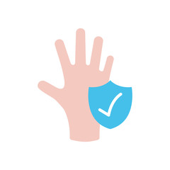 clean hand and shield with check mark icon, flat style