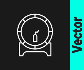 White line Wooden barrel on rack with stopcock icon isolated on black background. Vector Illustration.