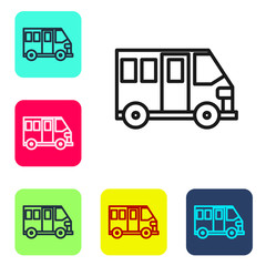 Black line School Bus icon isolated on white background. Public transportation symbol. Set icons in color square buttons. Vector Illustration.