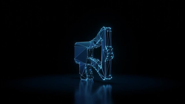 3d rendering seamless loop 4k rotation wireframe neon glowing symbol of bullhorn with shining dots on black background with blured reflection on floor