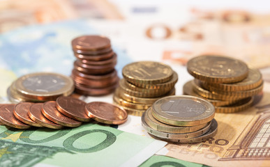 Money background. Euro money banknotes and coins. European union economy concept