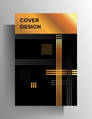 Cover template for book, magazine, booklet, brochure, catalog, poster. The geometric design is black with gold. A4 format. EPS 10 vector.