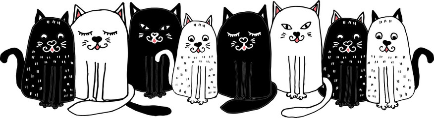 Cute, funny black and white cats on an isolated white background. Vector cats. 