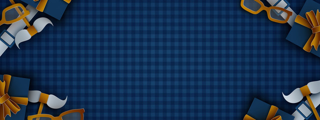Father's Day background for holiday banner greeting design, poster, flyer. Blue background, golden mustache, bow tie, suspenders, glasses. Empty space for text, paper cutout style, vector illustration