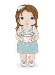 baby girl in  summer dress with gift