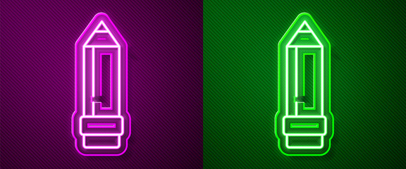 Glowing neon line Pencil with eraser icon isolated on purple and green background. Drawing and educational tools. School office symbol. Vector Illustration.