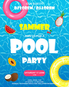 Pool party poster with blue water ripple. Life buoys, fruits float in the pool