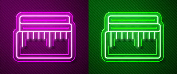 Glowing neon line Tape measure icon isolated on purple and green background. Measuring tape. Vector Illustration.