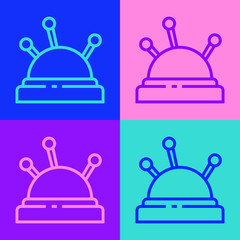 Pop art line Needle bed and needles icon isolated on color background. Handmade and sewing theme. Vector Illustration.