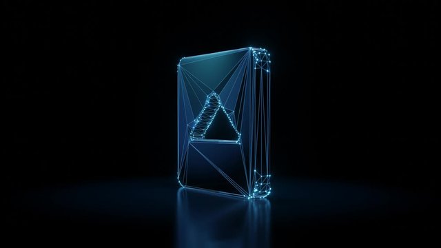 3d rendering seamless loop 4k rotation wireframe neon glowing symbol of caret square up with shining dots on black background with blured reflection on floor