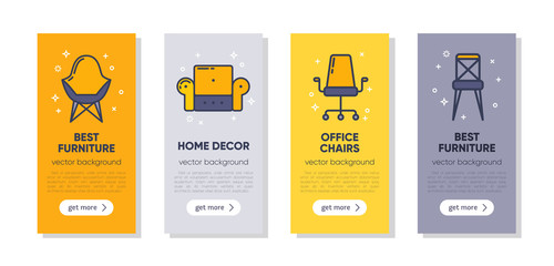 Banner set for furniture concept with outline icons for home decor, furniture store, renovation. Flat vector design. Modern graphic design. Home accessories.