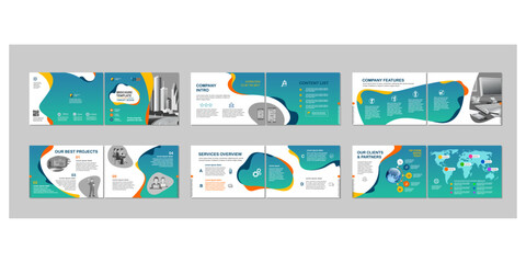 Brochure creative design. Multipurpose template, include cover, back and inside pages. Trendy minimalist flat geometric design. Horizontal landscape a4 format.