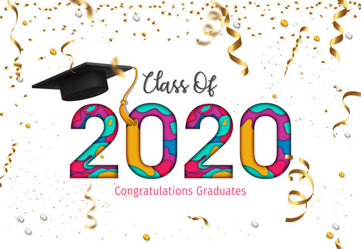 2020 Graduation with Cap Vector. Class of 2020 Year Graduation Banner. Banner for Graduation Greeting Card. Lettering Class of 2020 for Greeting and Invitation Card.