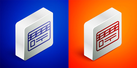Isometric line Movie clapper icon isolated on blue and orange background. Film clapper board. Clapperboard sign. Cinema production or media industry. Silver square button. Vector Illustration.