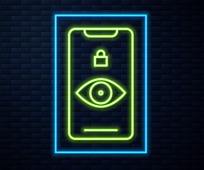 Glowing neon line Eye scan icon isolated on brick wall background. Scanning eye. Security check symbol. Cyber eye sign. Vector Illustration.