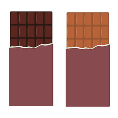 A set of two chocolate bars. Milk and dark chocolate in an open wrapper. Isolated vector image on a white background. Flat style.