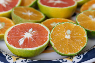 Fototapeta na wymiar Beautiful lemons, bergamots and grapefruits cut in half on a cutting board.