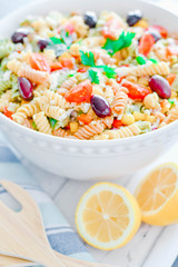 pasta salad in white bowl