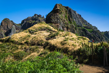 Hiking trail from Pico do Arieiro to Pico Ruivo on sunny day. Madeira Island, Portugal. September 2018.